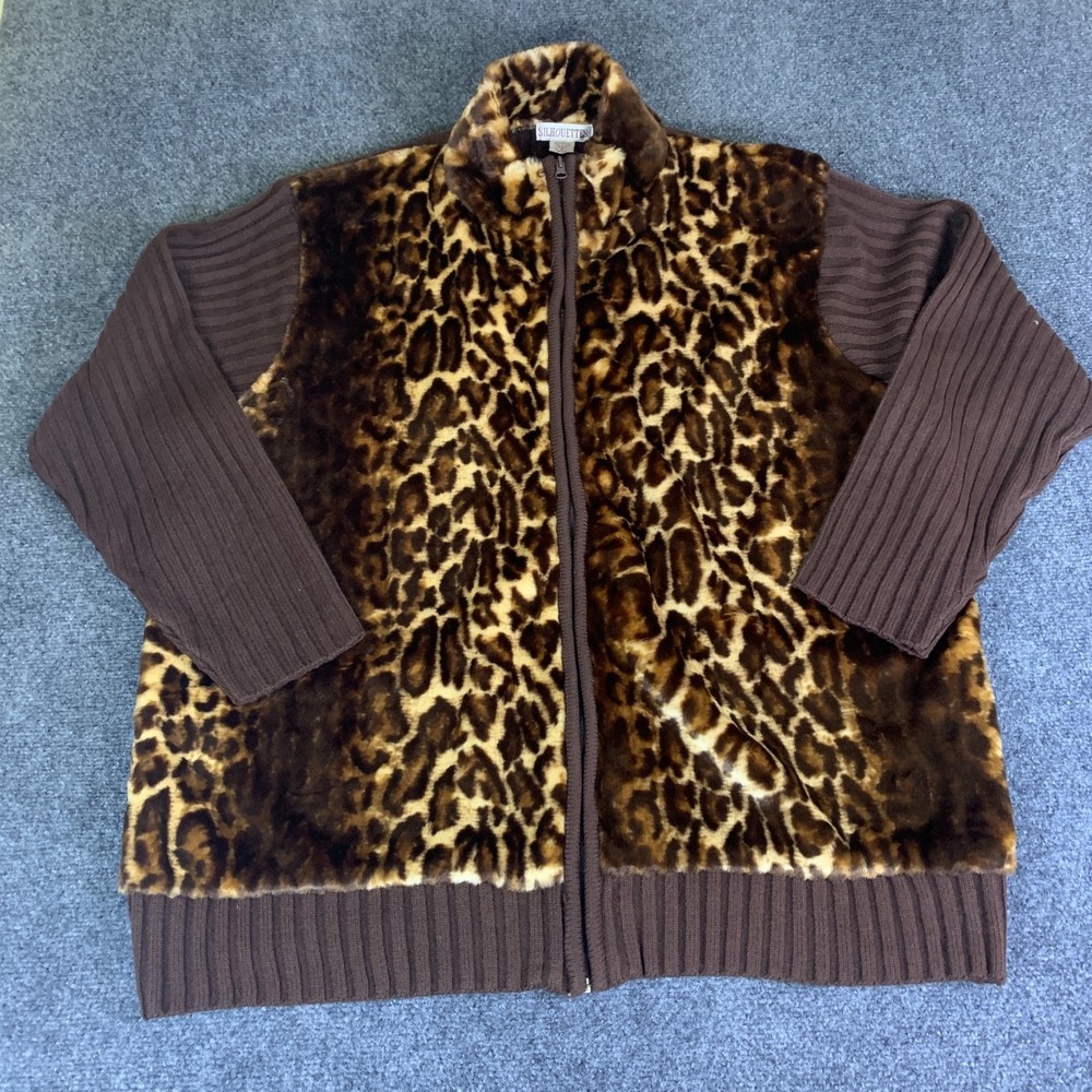 Silhouettes Cardigan Sweater Womens 3X Brown Leopard Faux Fur Full Zip Acrylic
